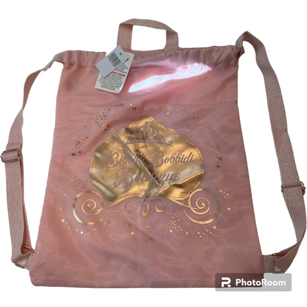 Disney NWT bibbidi bobbidi boutique pink rose gold drawstring backpack